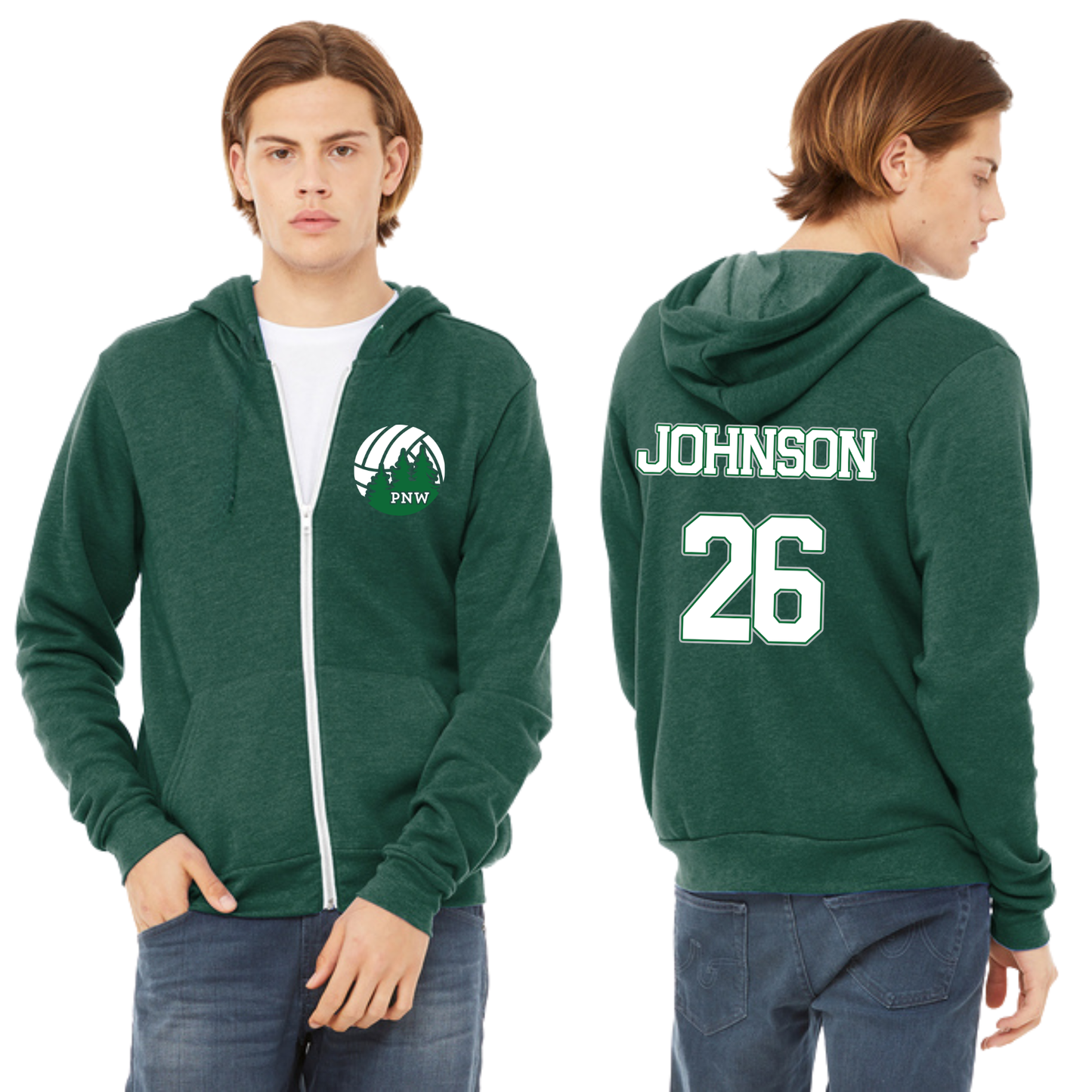 PNW Volleyball - Custom Unisex Sponge Fleece Full-Zip Hoodie - Front & Back Printed - Heather Forest Green