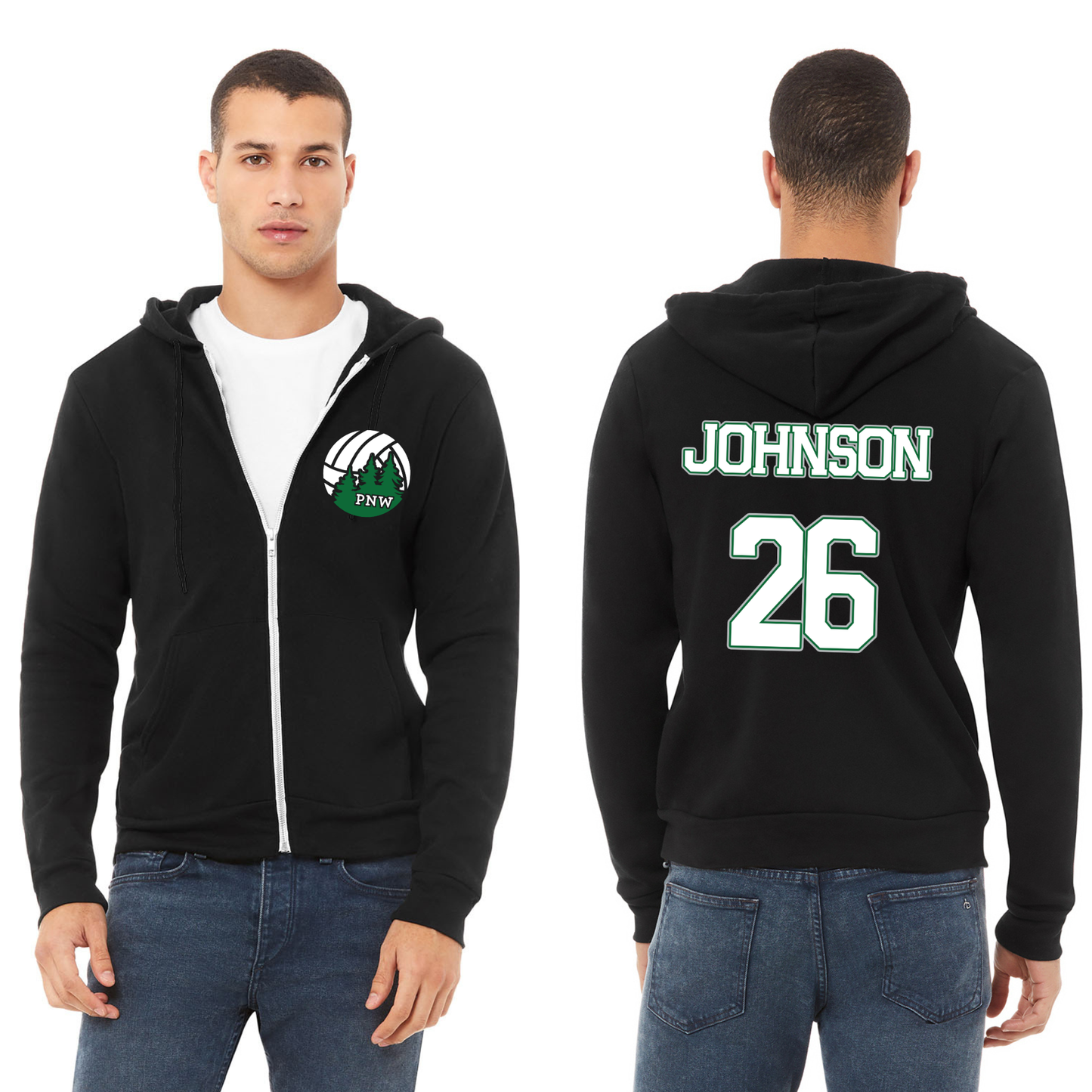 PNW Volleyball - Players Custom Unisex Sponge Fleece Full-Zip Hoodie - Front & Back Printed - Black