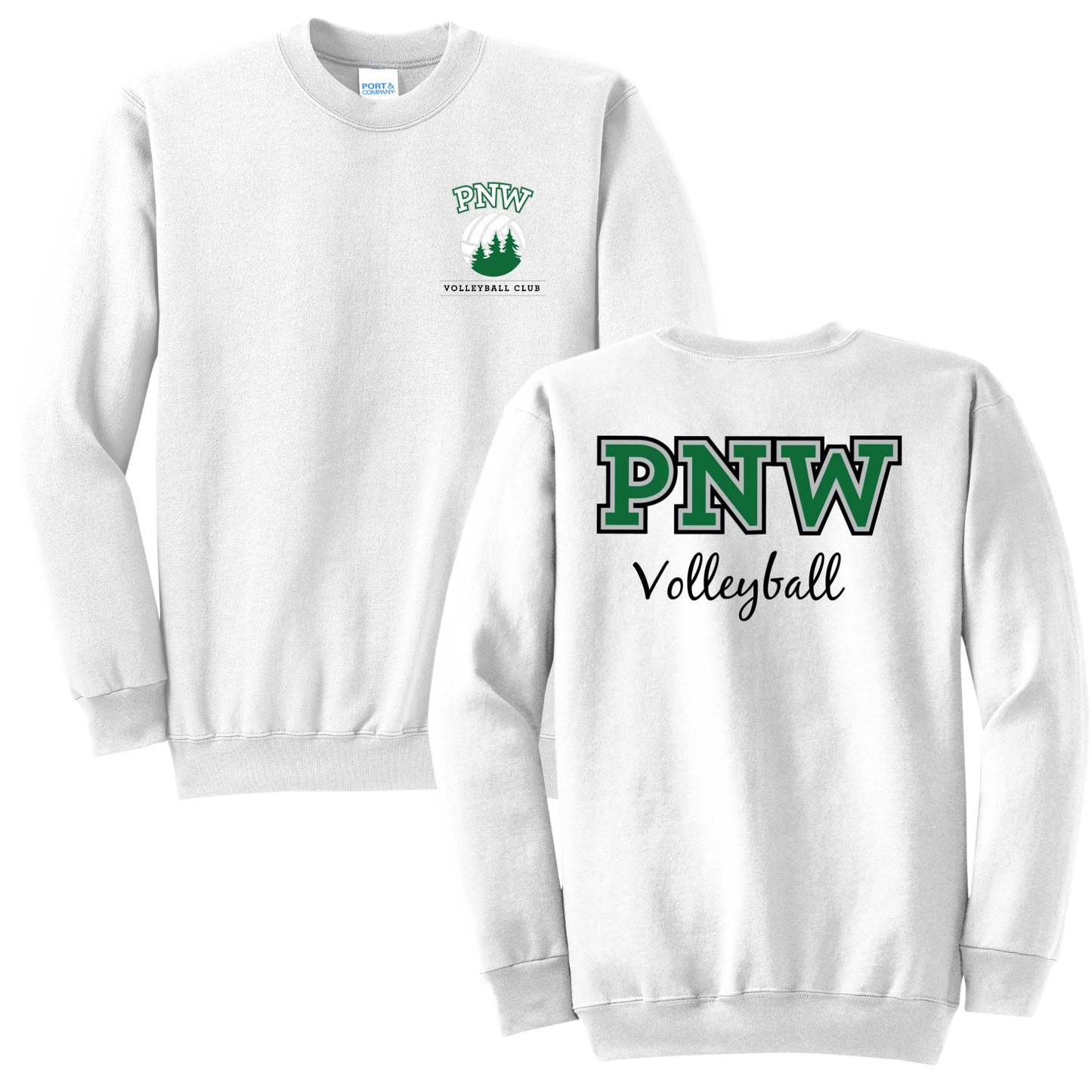 PNW Volleyball Fan Gear - Core Fleece Crewneck Sweatshirt - Front & Back Printed - White or Kelly Green