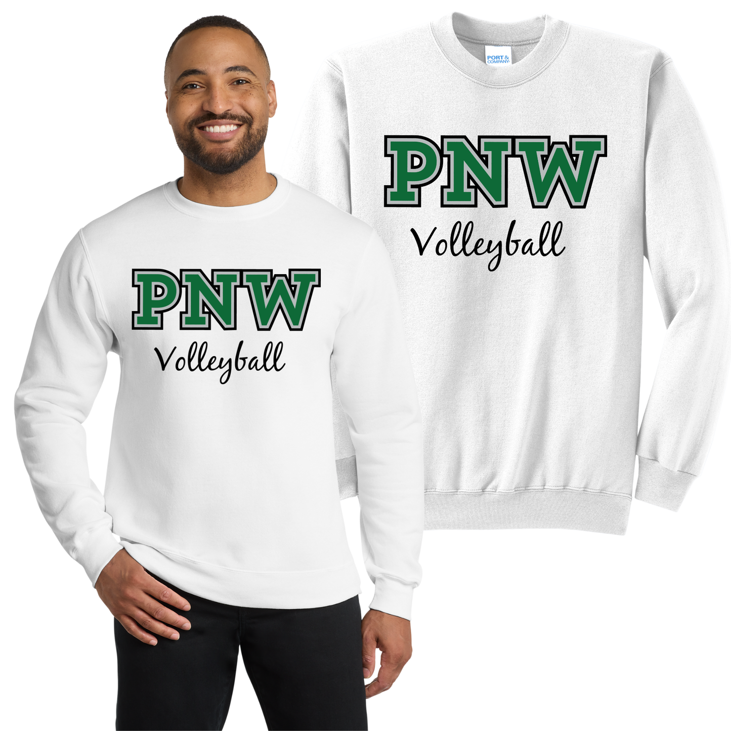 PNW Volleyball Fan Gear - Core Fleece Crewneck Sweatshirt - Front Only Printed - White or Kelly Green