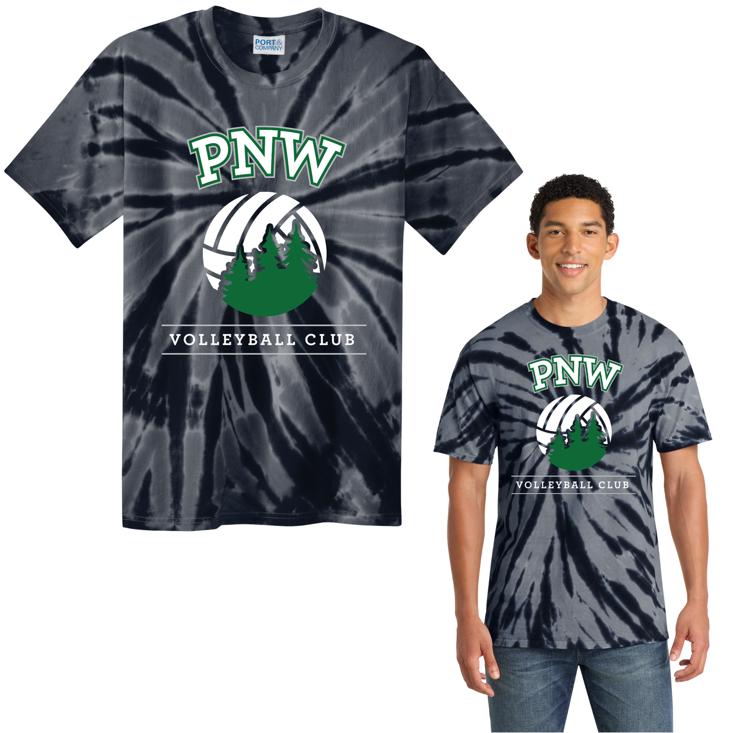 PNW Volleyball - Tie-Dye Tee - Front Printed Logo - Black