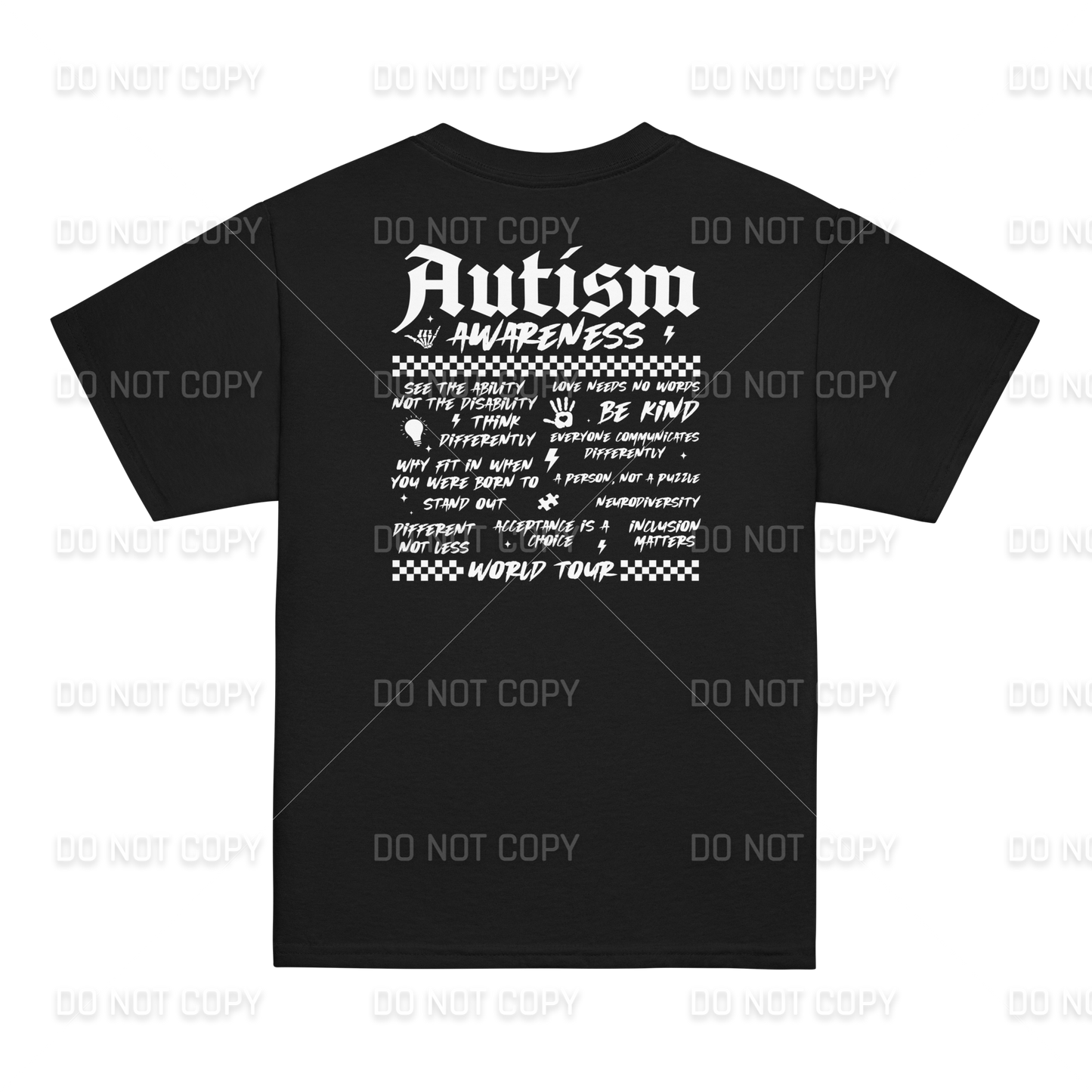Autism Awareness - Autism World Tour T-Shirt - White Text - Front & Back Printed - Youth & Adult Sizes