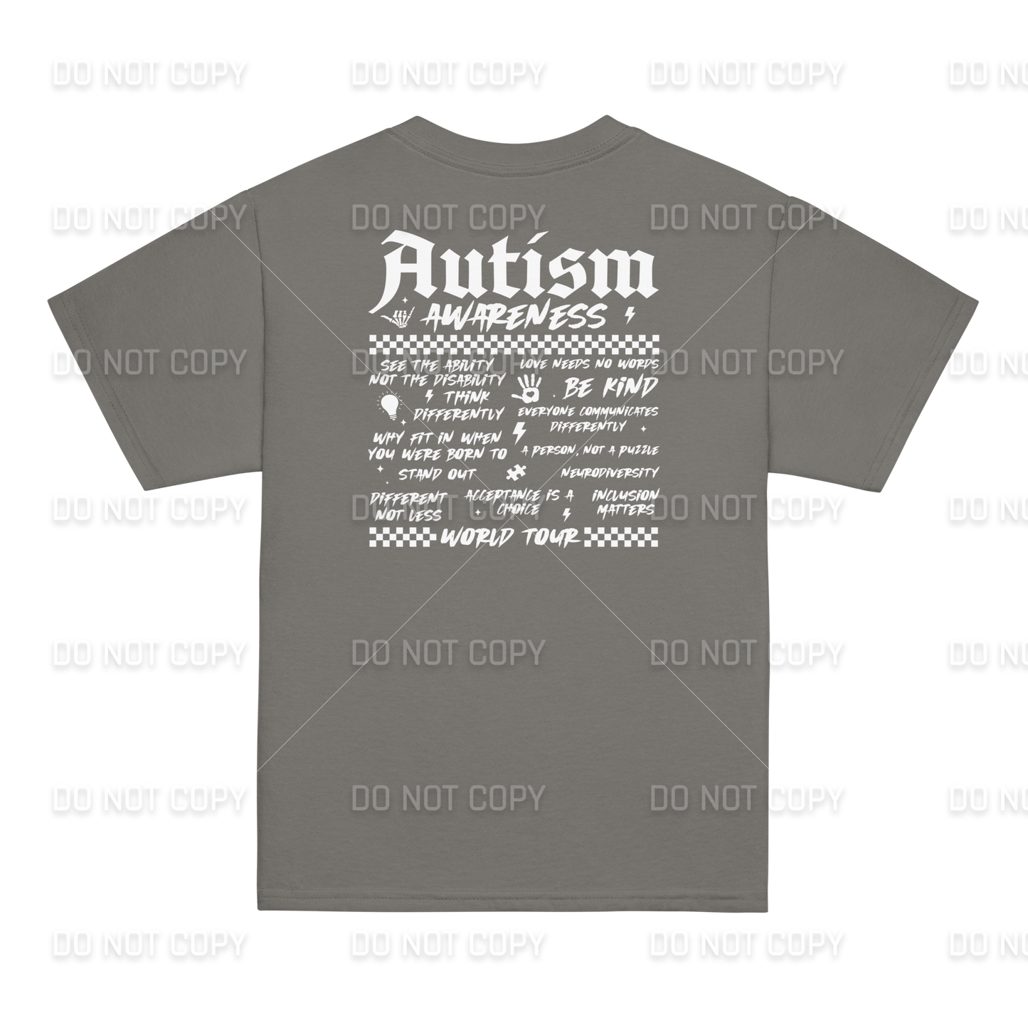 Autism Awareness - Autism World Tour T-Shirt - White Text - Front & Back Printed - Youth & Adult Sizes