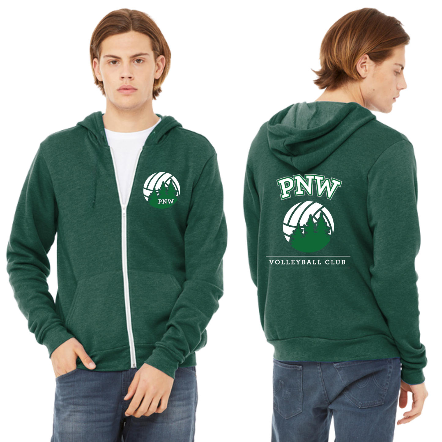 PNW Volleyball - Unisex Sponge Fleece Full-Zip Hoodie - Front & Back Logo Printed - Heather Forest Green