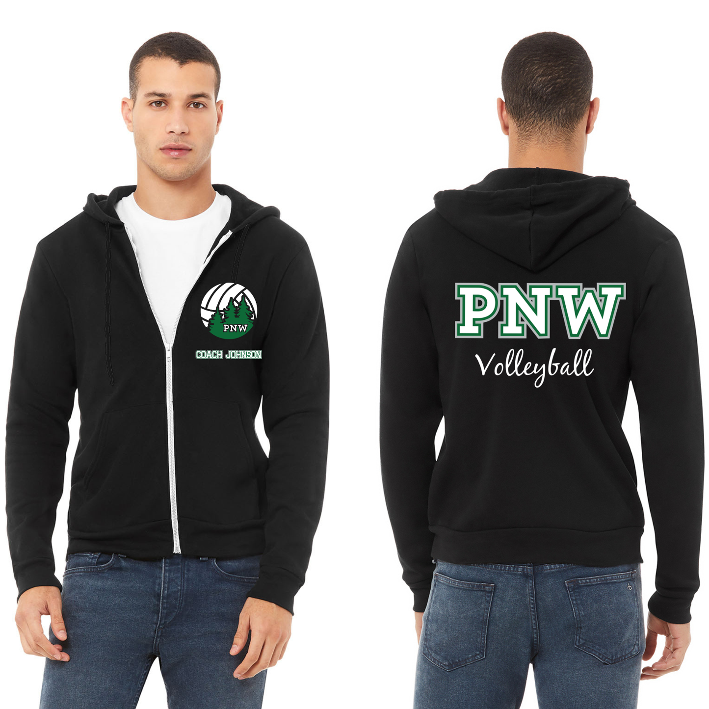 PNW Volleyball - Custom Coaches Unisex Sponge Fleece Full-Zip Hoodie - Front & Back  Printed - Black Logo 2