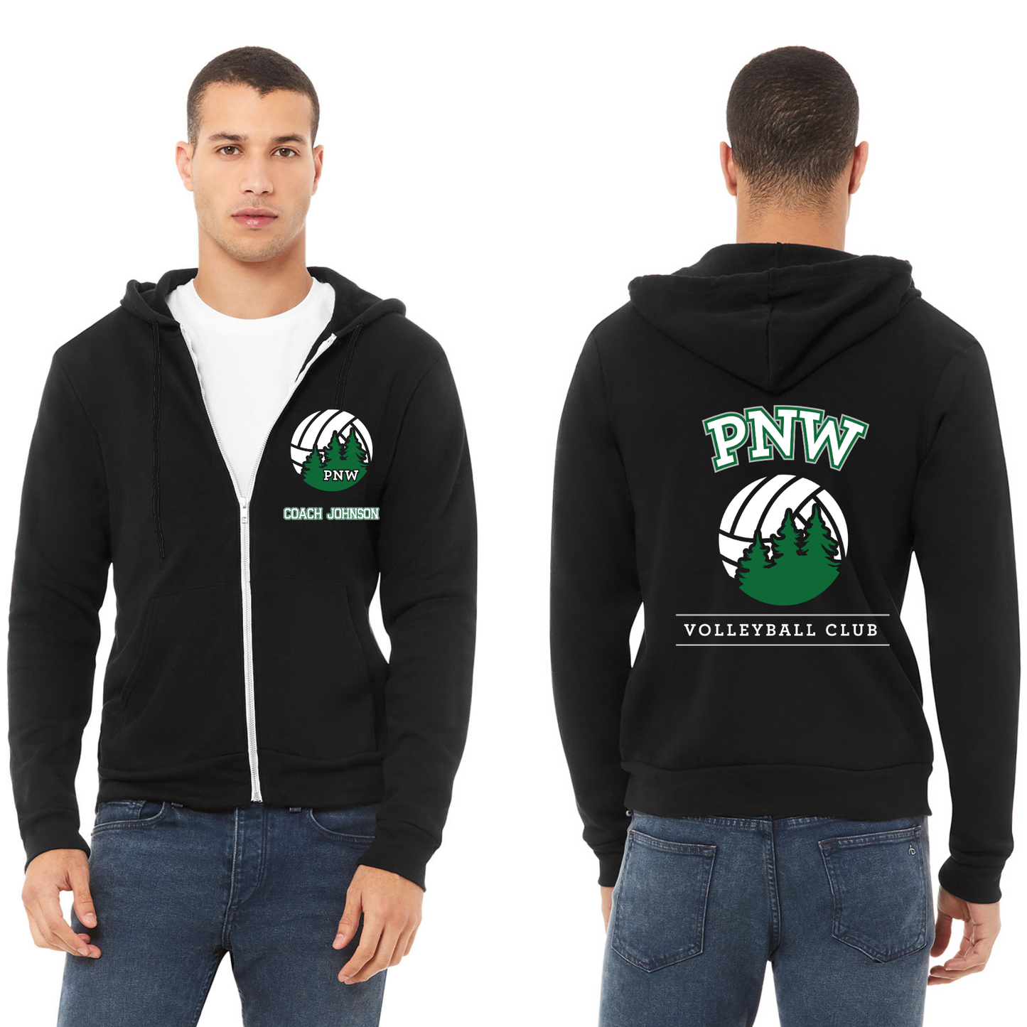 PNW Volleyball - Custom Coaches Unisex Sponge Fleece Full-Zip Hoodie - Front & Back  Printed - Black Logo 1