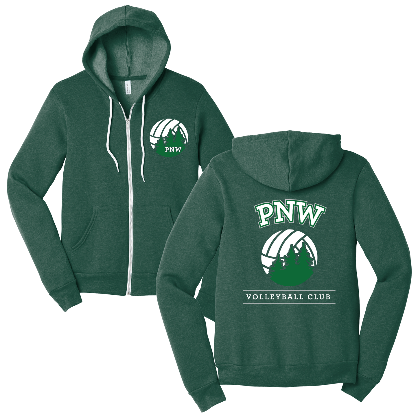 PNW Volleyball - Unisex Sponge Fleece Full-Zip Hoodie - Front & Back Logo Printed - Heather Forest Green