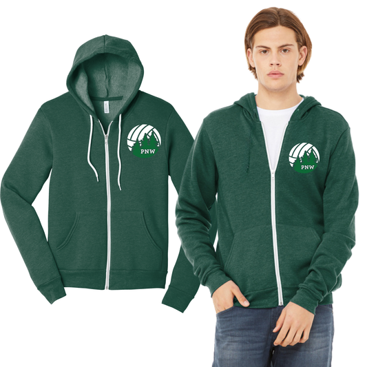 PNW Volleyball - Unisex Sponge Fleece Full-Zip Hoodie - Front Logo Only - Heather Forest Green