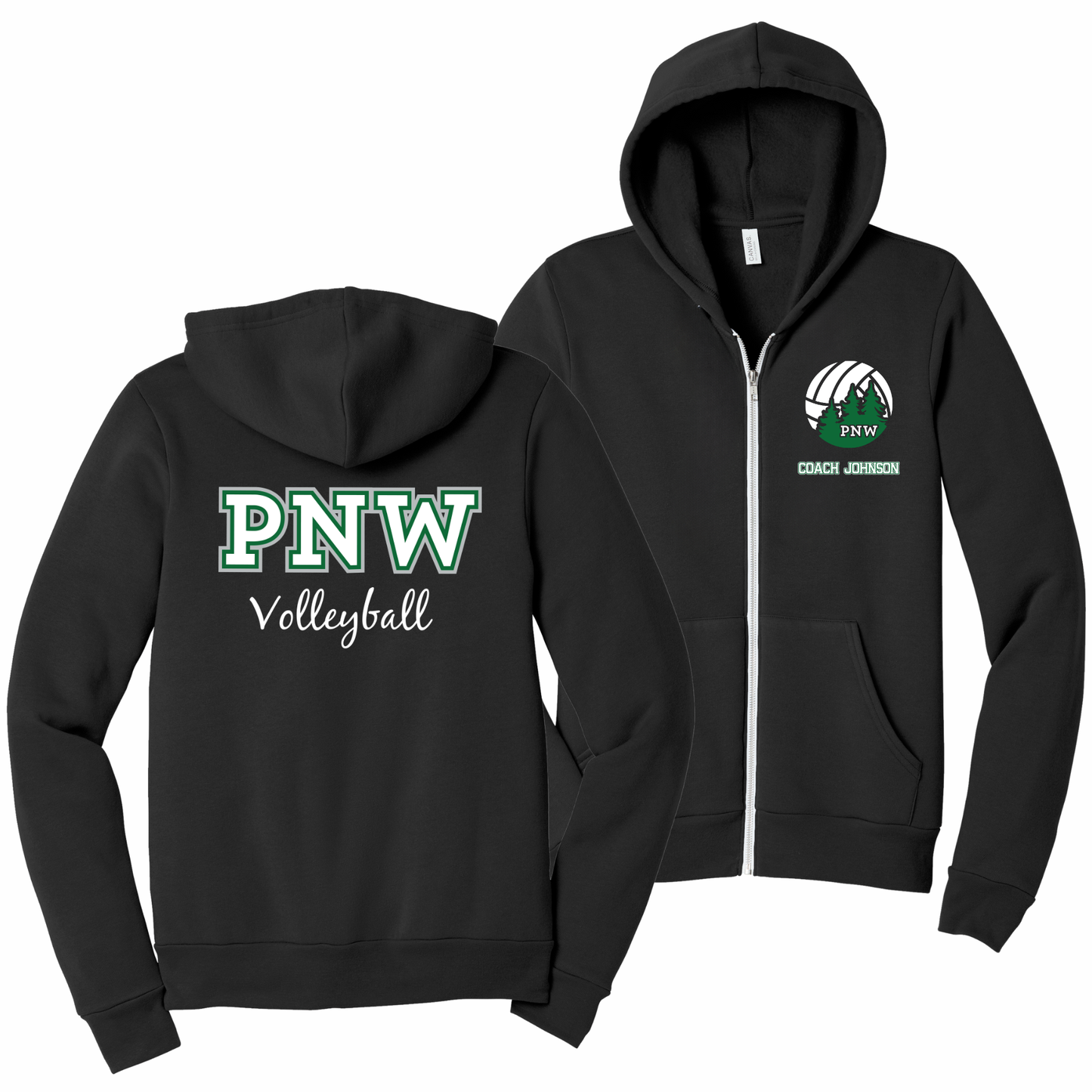 PNW Volleyball - Custom Coaches Unisex Sponge Fleece Full-Zip Hoodie - Front & Back  Printed - Black Logo 2