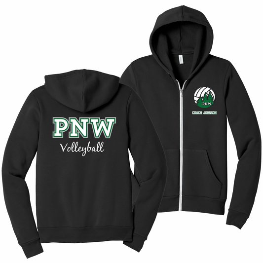 PNW Volleyball - Custom Coaches Unisex Sponge Fleece Full-Zip Hoodie - Front & Back  Printed - Black Logo 2