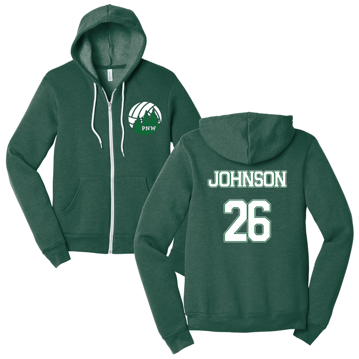 PNW Volleyball - Custom Unisex Sponge Fleece Full-Zip Hoodie - Front & Back  Printed - Heather Forest Green