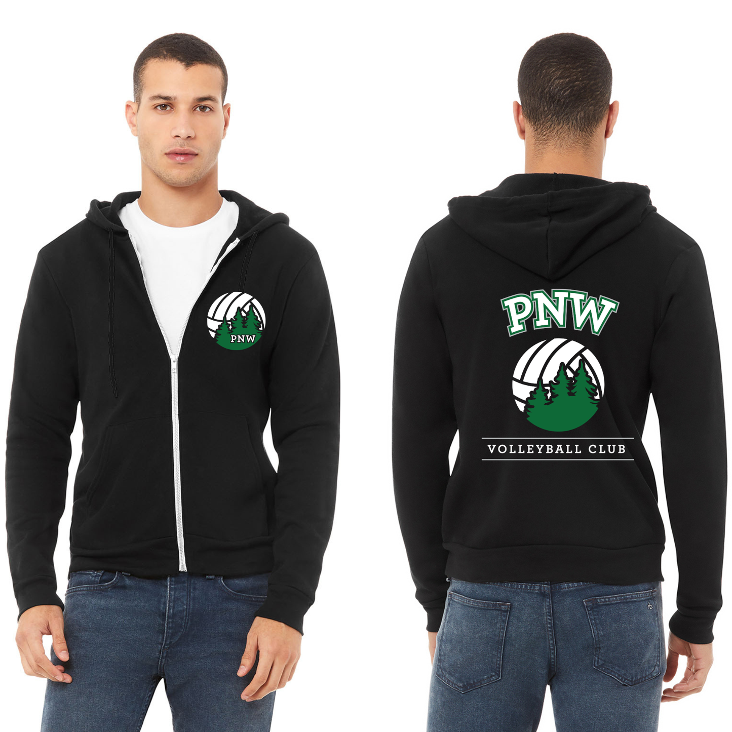 PNW Volleyball - Player Unisex Sponge Fleece Full-Zip Hoodie - Front & Back Logo - Black