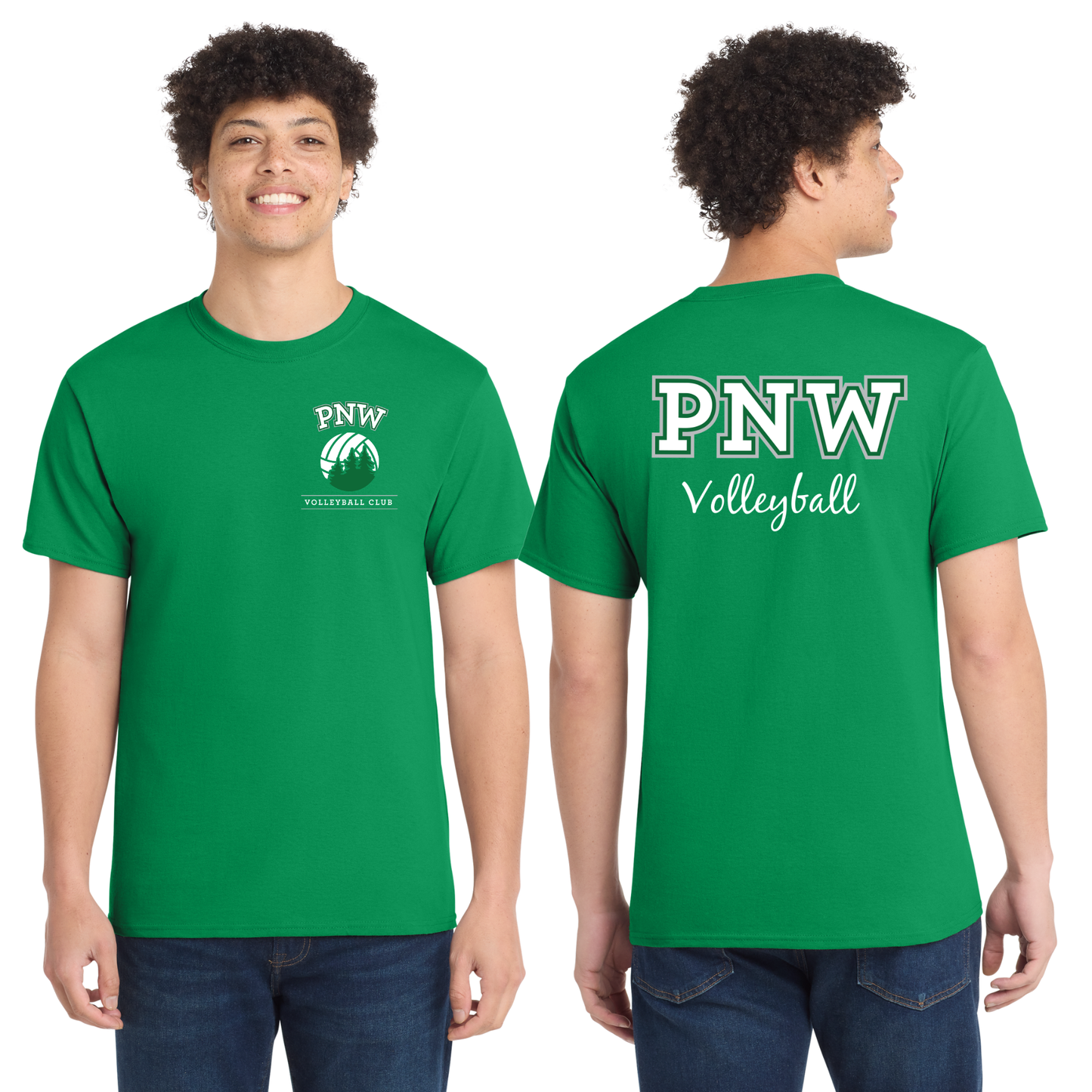 PNW Volleyball Fan Gear - Core Cotton Tee - Front & Back Printed - White or Athletic Kelly Green