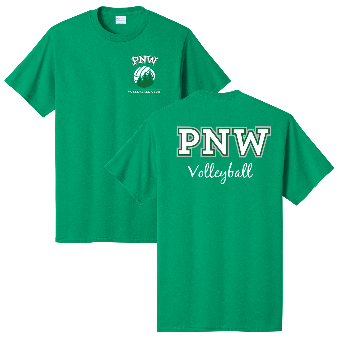 PNW Volleyball Fan Gear - Core Cotton Tee - Front & Back Printed - White or Athletic Kelly Green
