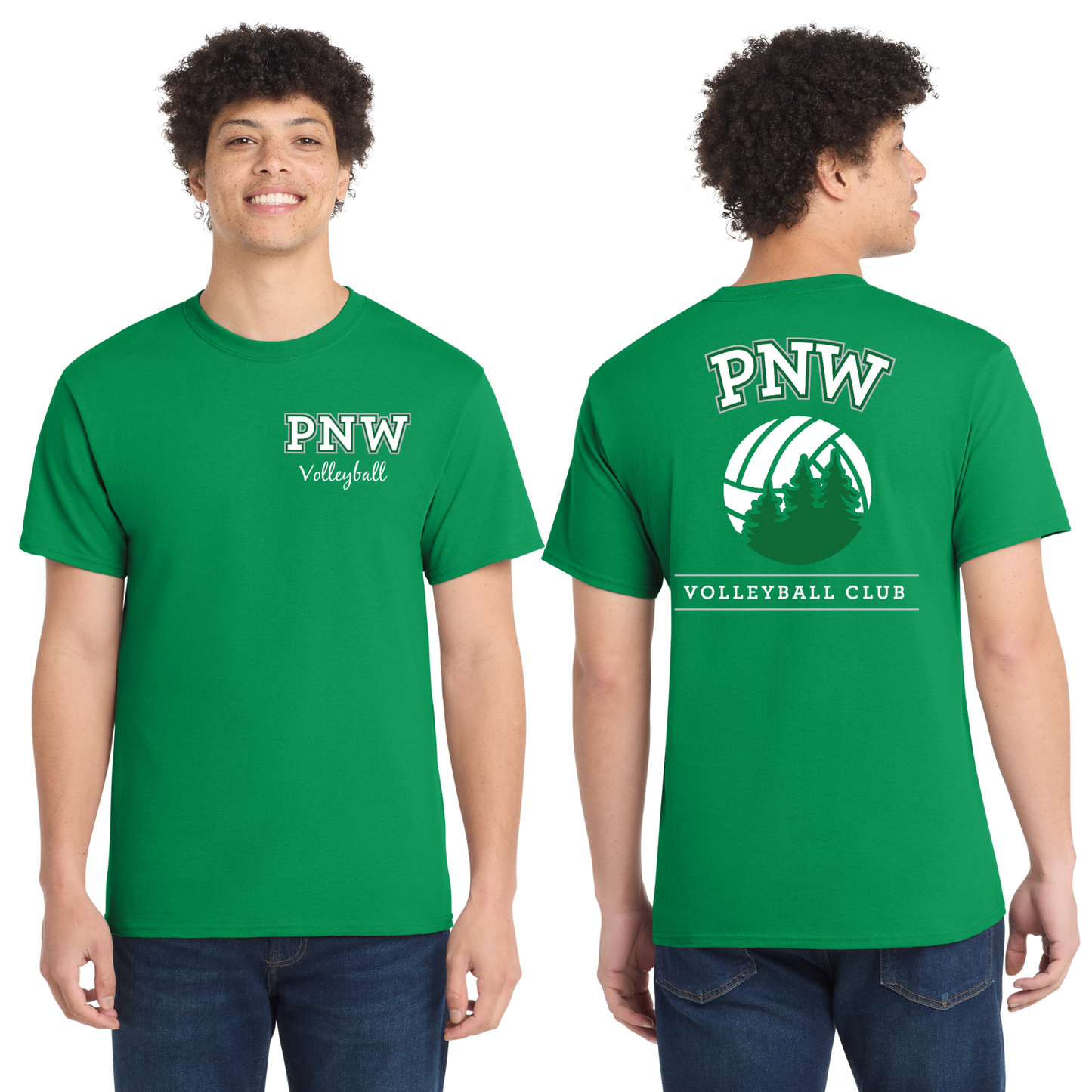 PNW Volleyball Fan Gear - Core Cotton Tee - Front & Back Printed - White or Athletic Kelly Green