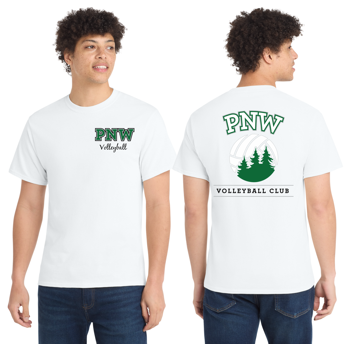 PNW Volleyball Fan Gear - Core Cotton Tee - Front & Back Printed - White or Athletic Kelly Green
