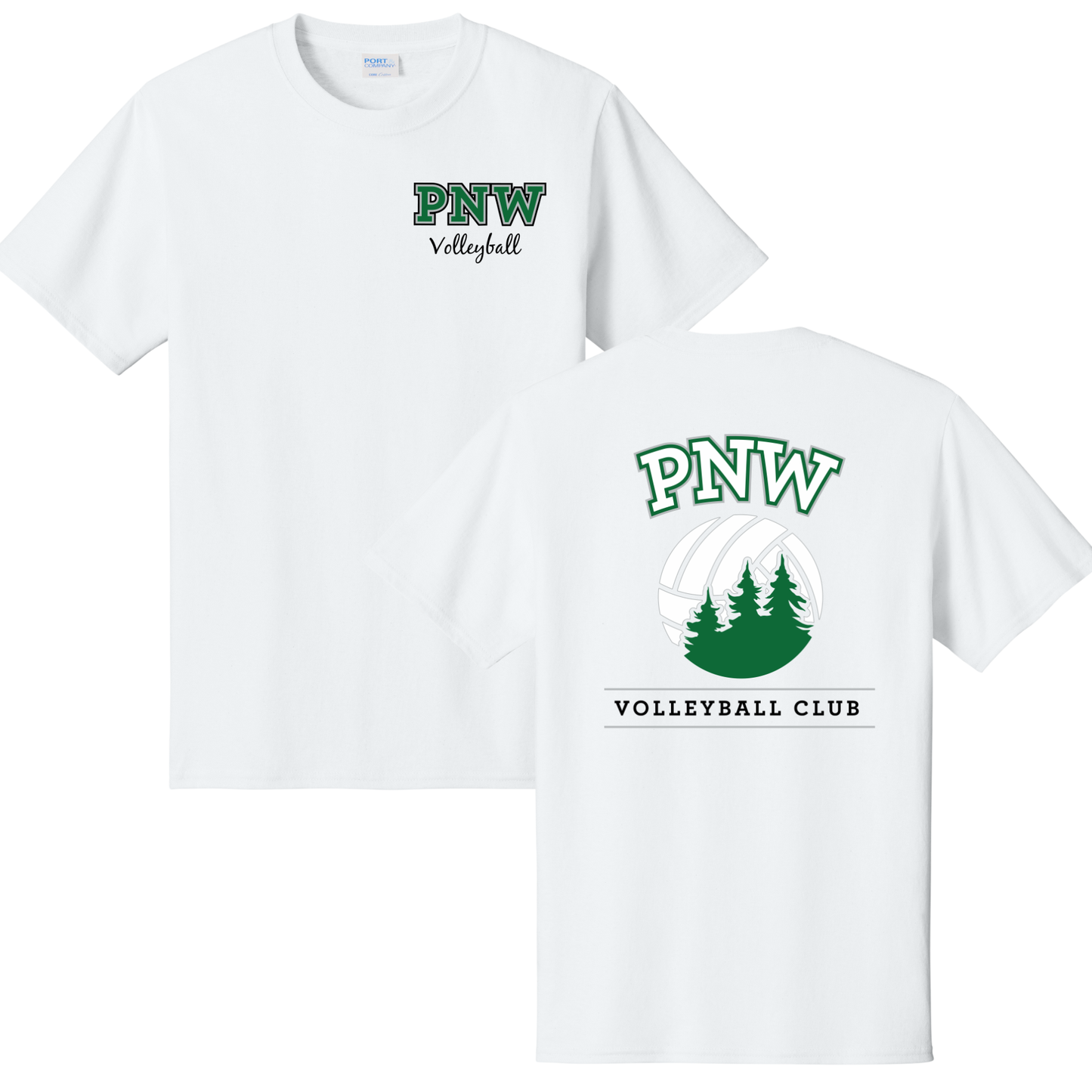 PNW Volleyball Fan Gear - Core Cotton Tee - Front & Back Printed - White or Athletic Kelly Green
