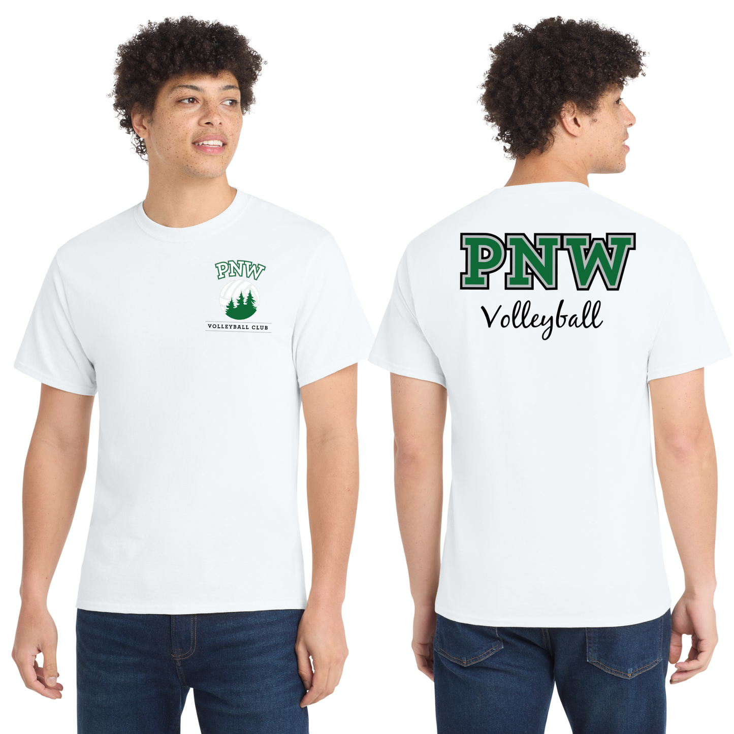 PNW Volleyball Fan Gear - Core Cotton Tee - Front & Back Printed - White or Athletic Kelly Green