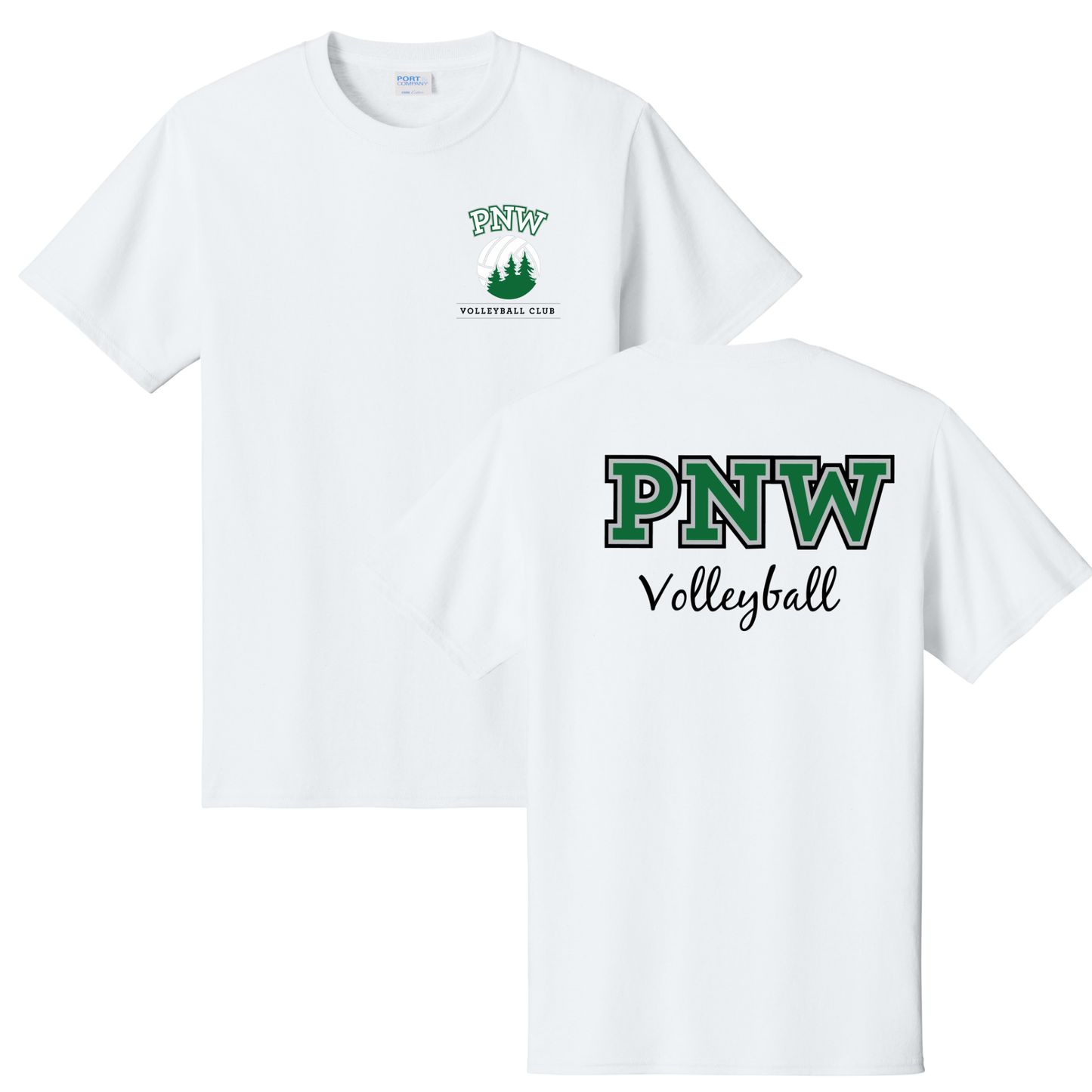 PNW Volleyball Fan Gear - Core Cotton Tee - Front & Back Printed - White or Athletic Kelly Green