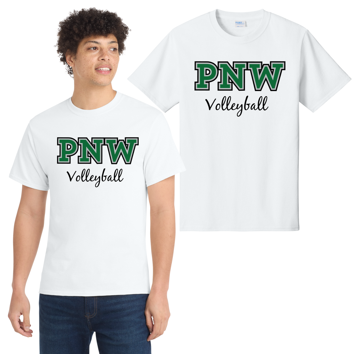 PNW Volleyball Fan Gear - Core Cotton Tee - Front Only Printed - White or Athletic Kelly Green