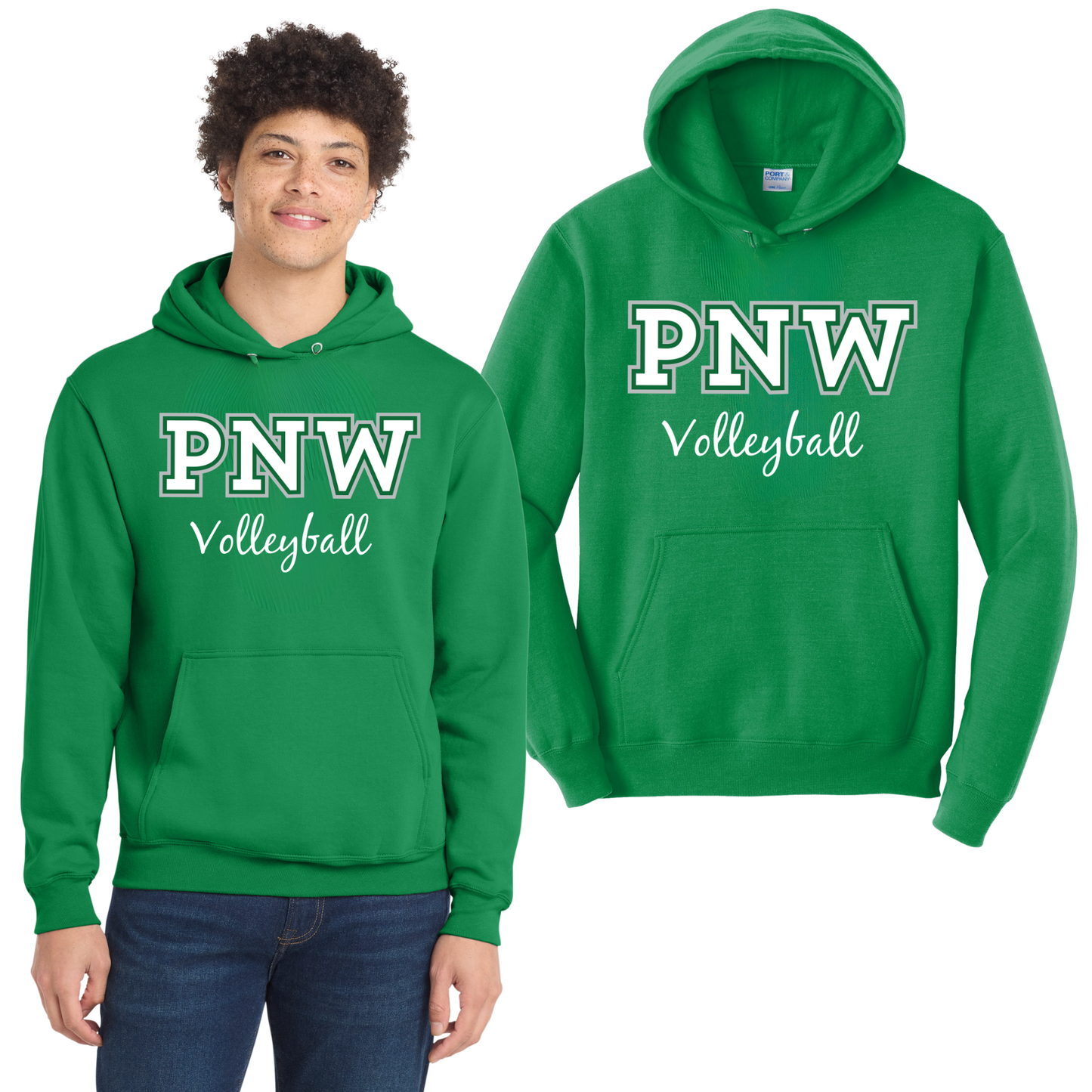 PNW Volleyball Fan Gear - Core Fleece Hoodie - Front Only Printed - White or Kelly Green