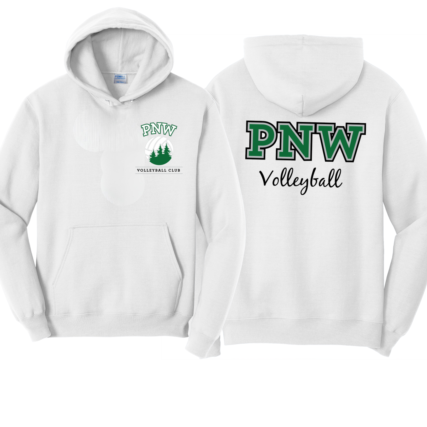 PNW Volleyball Fan Gear - Core Fleece Hoodie - Front & Back Printed - White or Kelly Green