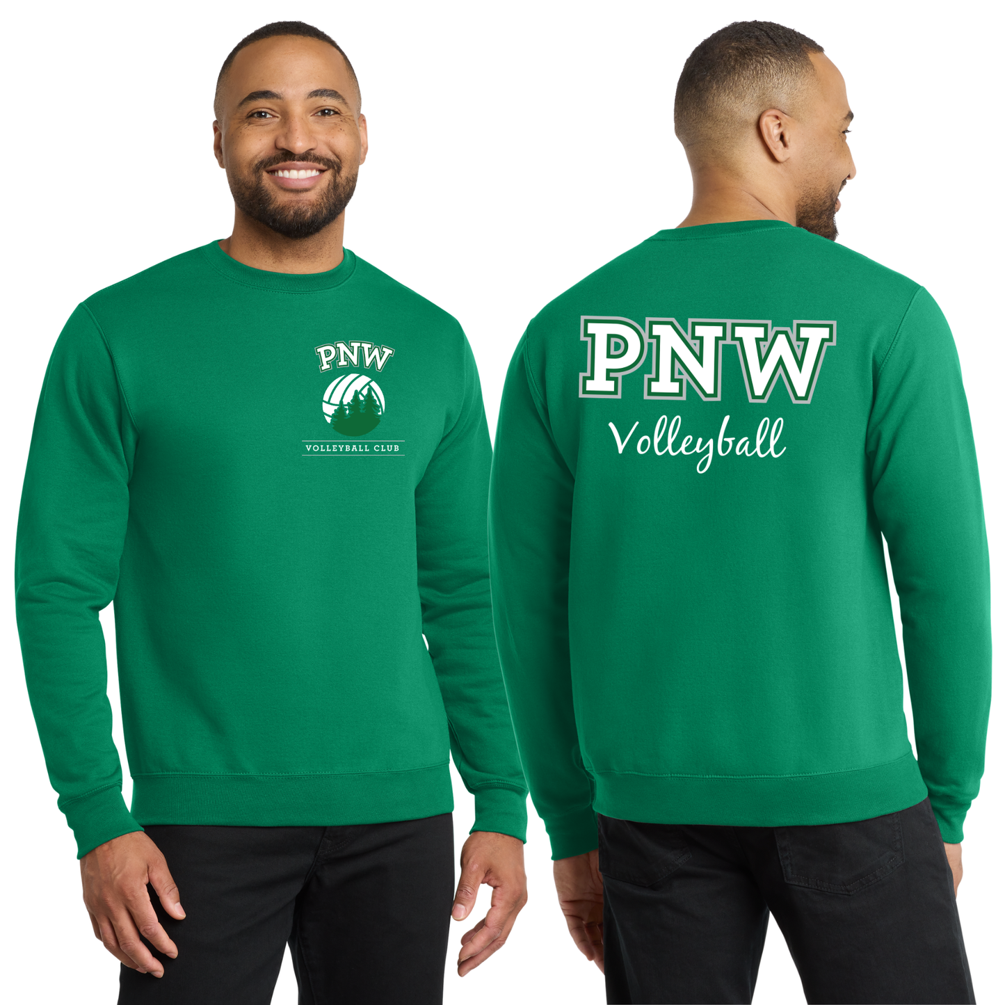 PNW Volleyball Fan Gear - Core Fleece Crewneck Sweatshirt - Front & Back Printed - White or Kelly Green