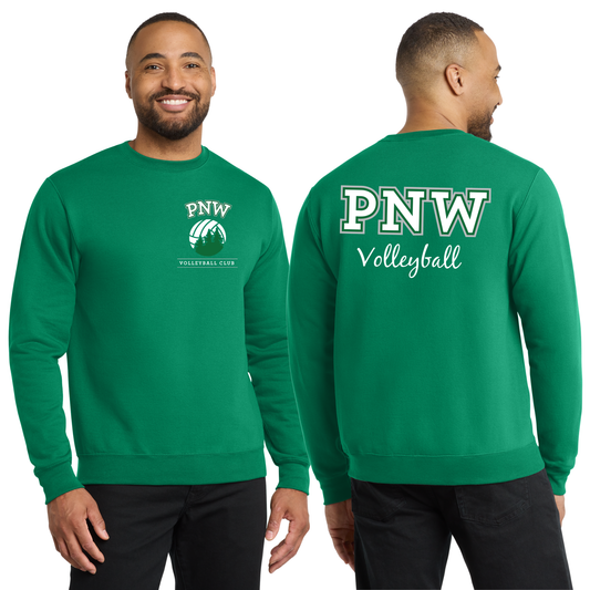 PNW Volleyball Fan Gear - Core Fleece Crewneck Sweatshirt - Front & Back Printed - White or Kelly Green