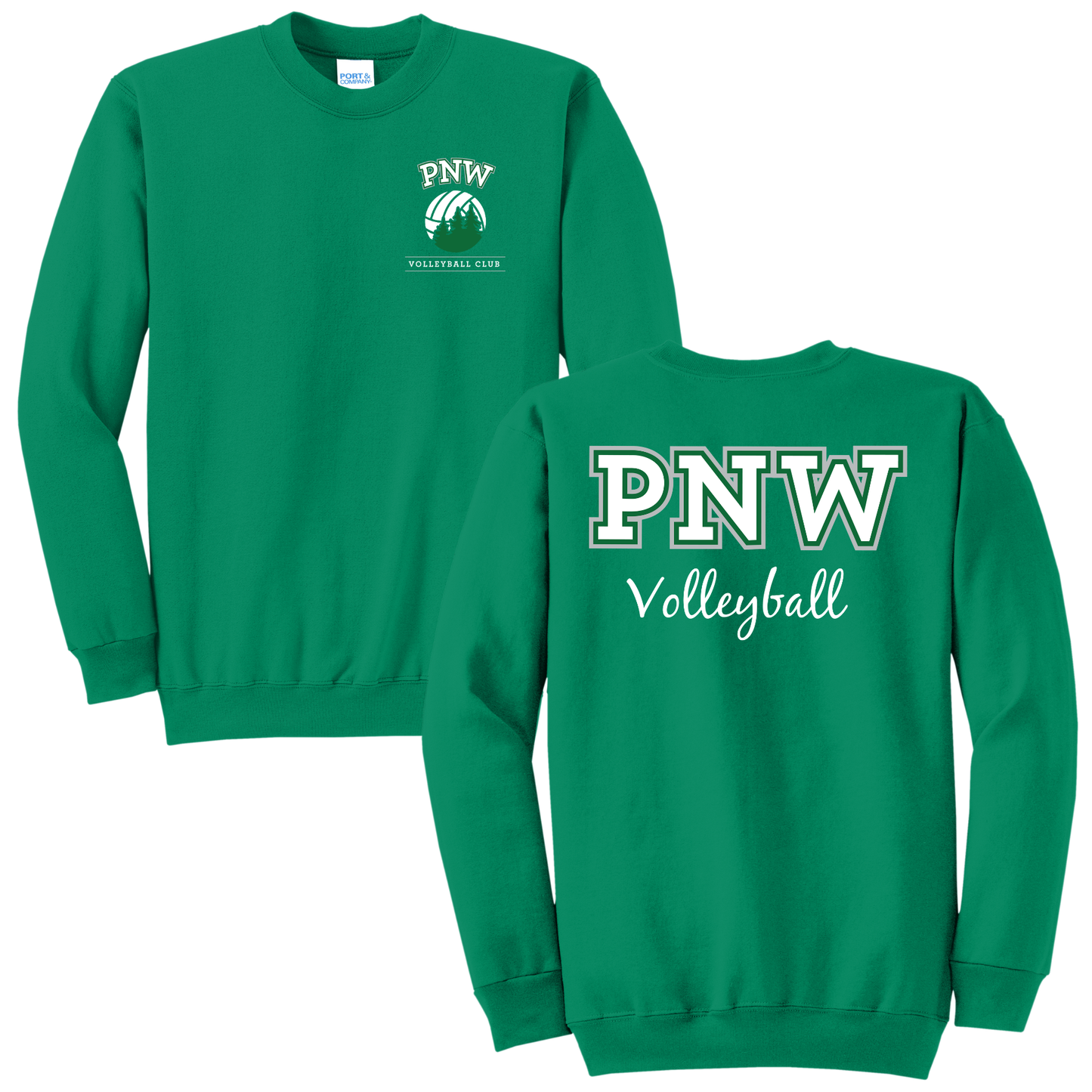 PNW Volleyball Fan Gear - Core Fleece Crewneck Sweatshirt - Front & Back Printed - White or Kelly Green