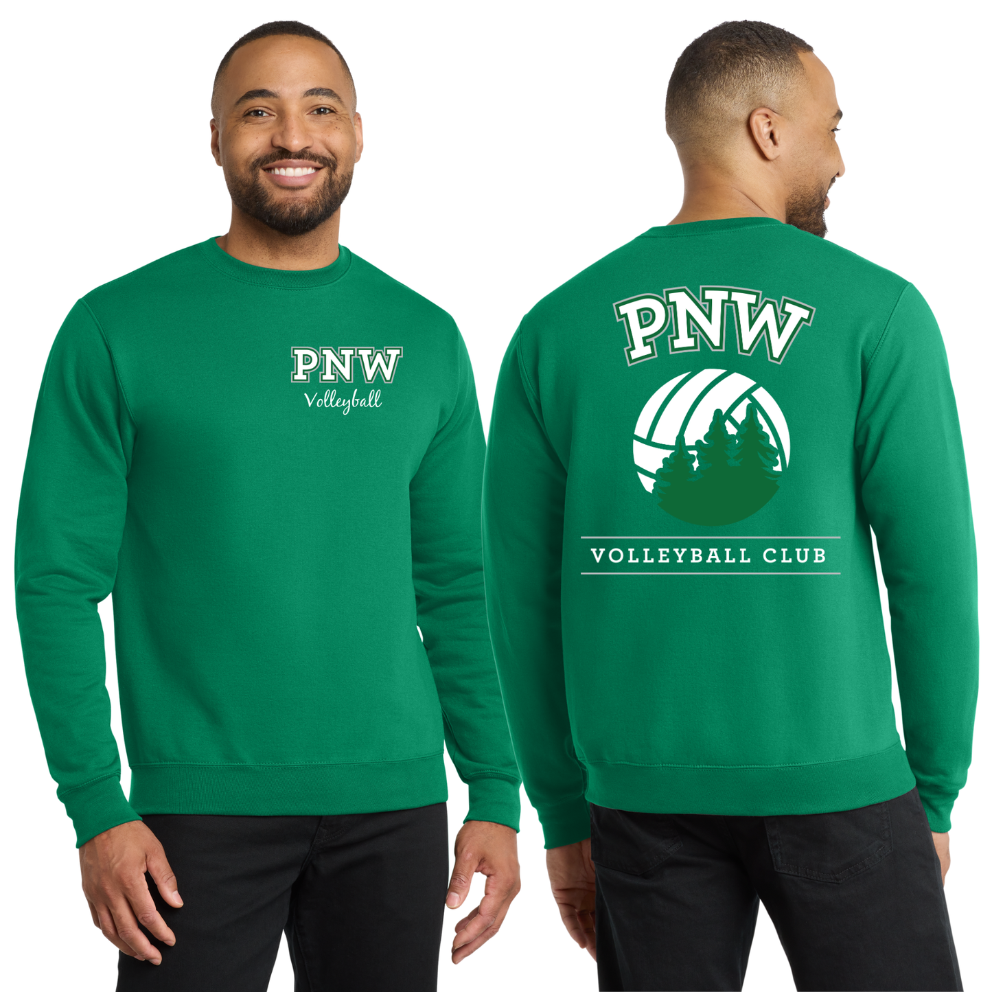 PNW Volleyball Fan Gear - Core Fleece Crewneck Sweatshirt - Front & Back Printed - White or Kelly Green