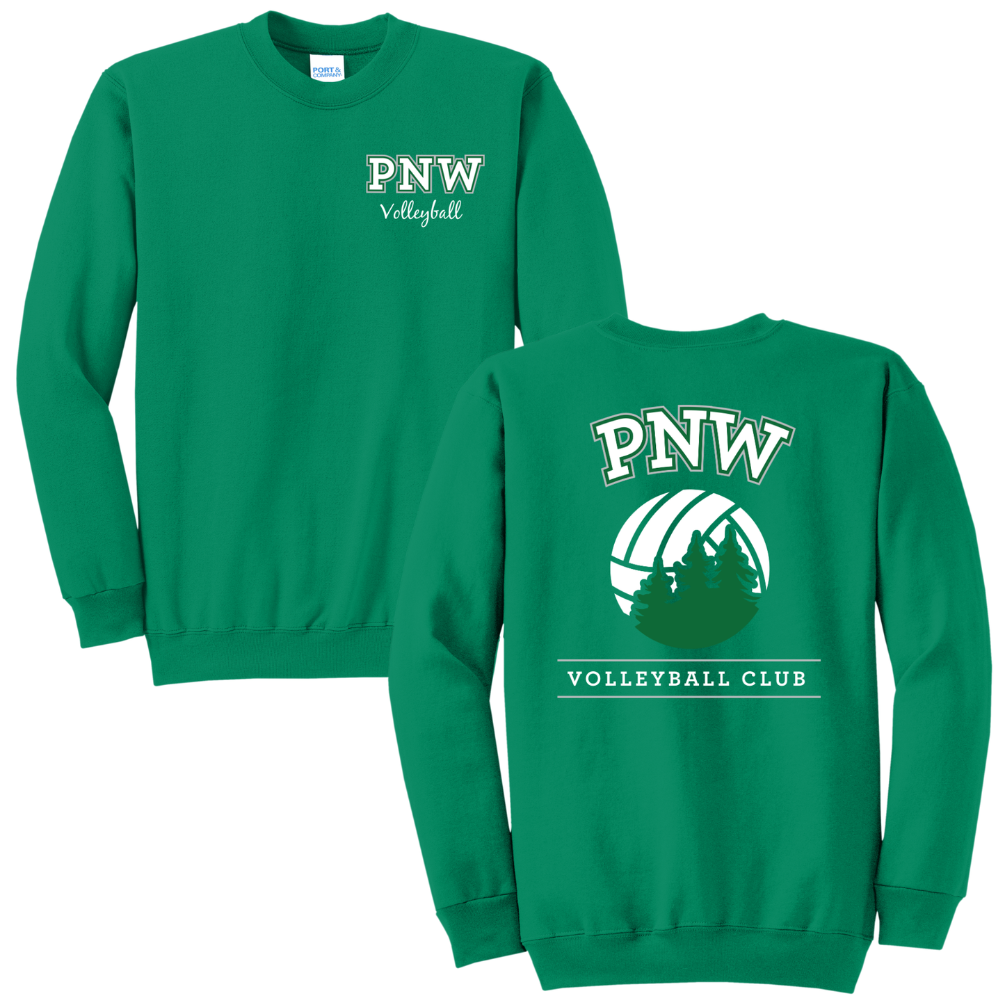PNW Volleyball Fan Gear - Core Fleece Crewneck Sweatshirt - Front & Back Printed - White or Kelly Green