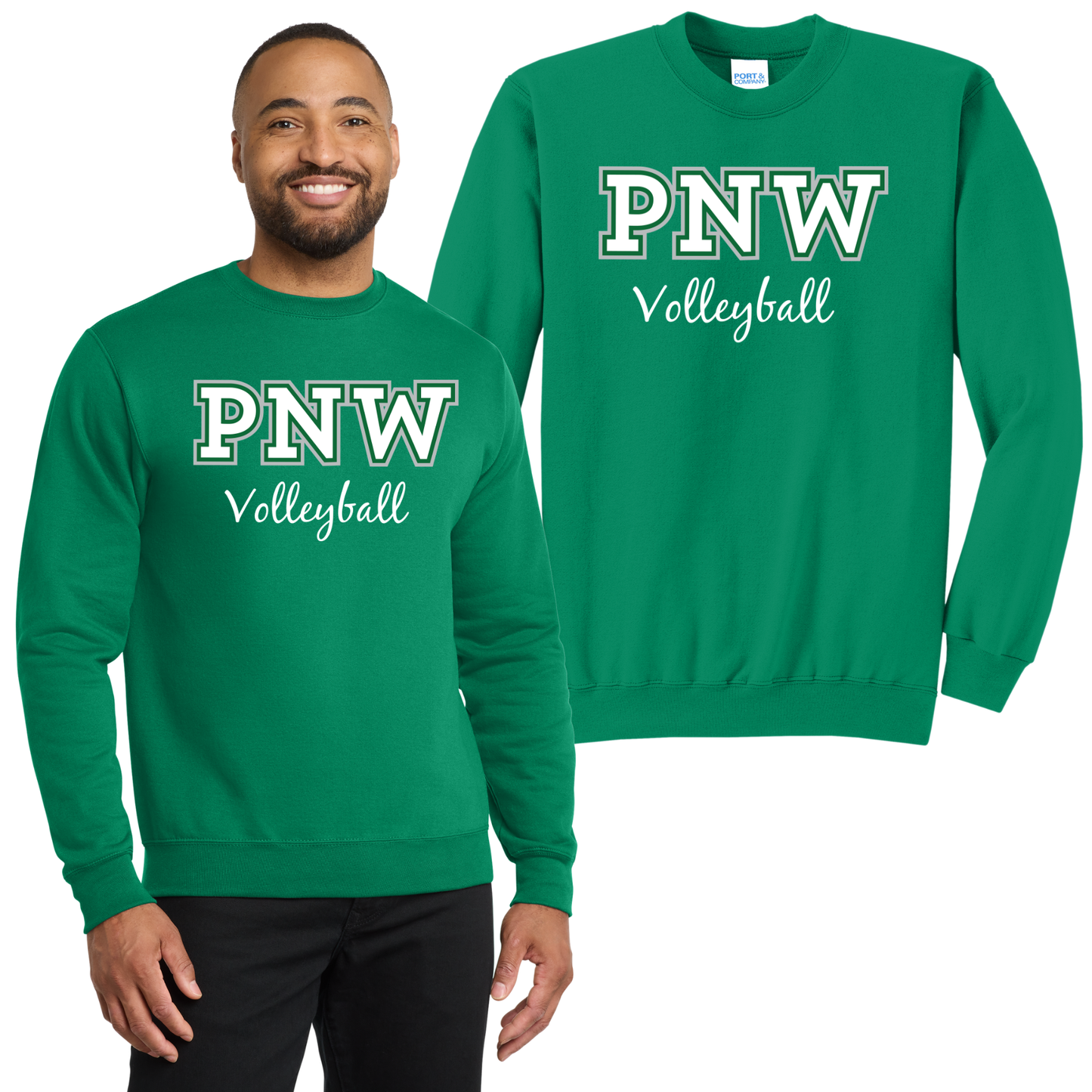 PNW Volleyball Fan Gear - Core Fleece Crewneck Sweatshirt - Front Only Printed - White or Kelly Green