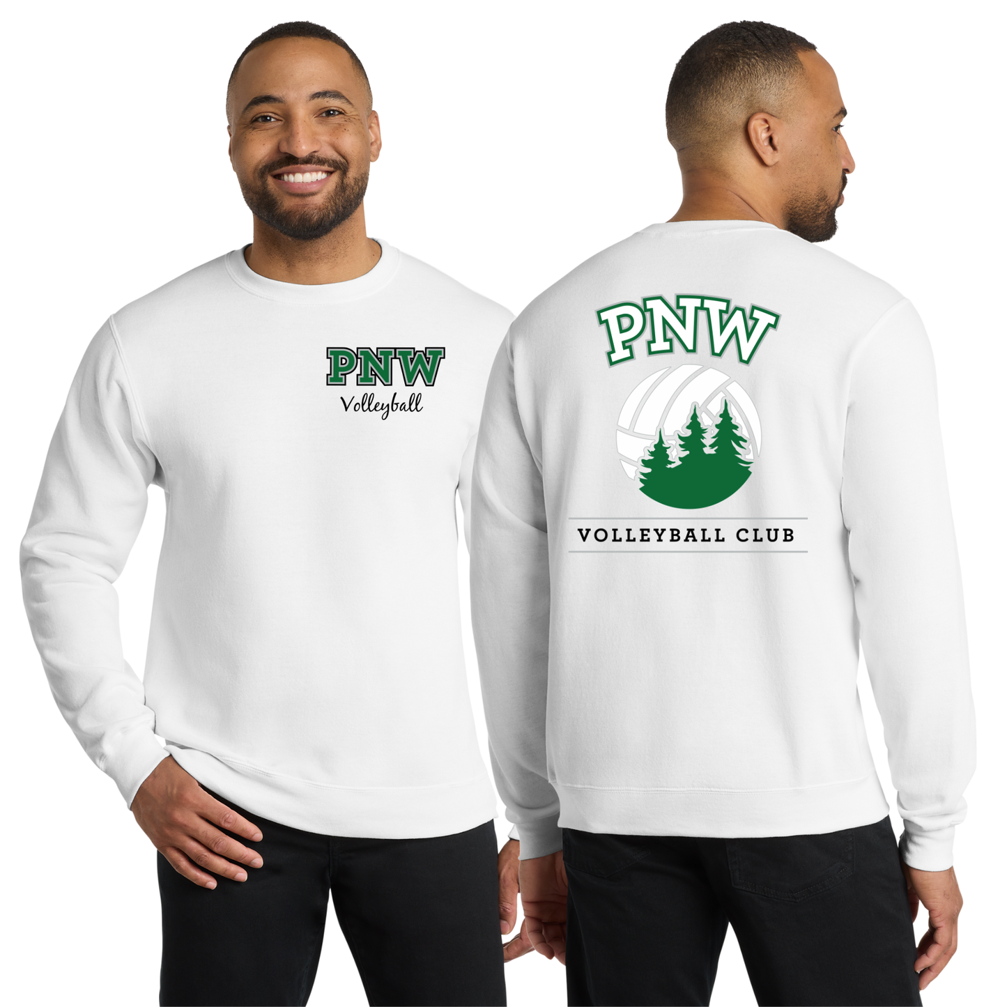 PNW Volleyball Fan Gear - Core Fleece Crewneck Sweatshirt - Front & Back Printed - White or Kelly Green