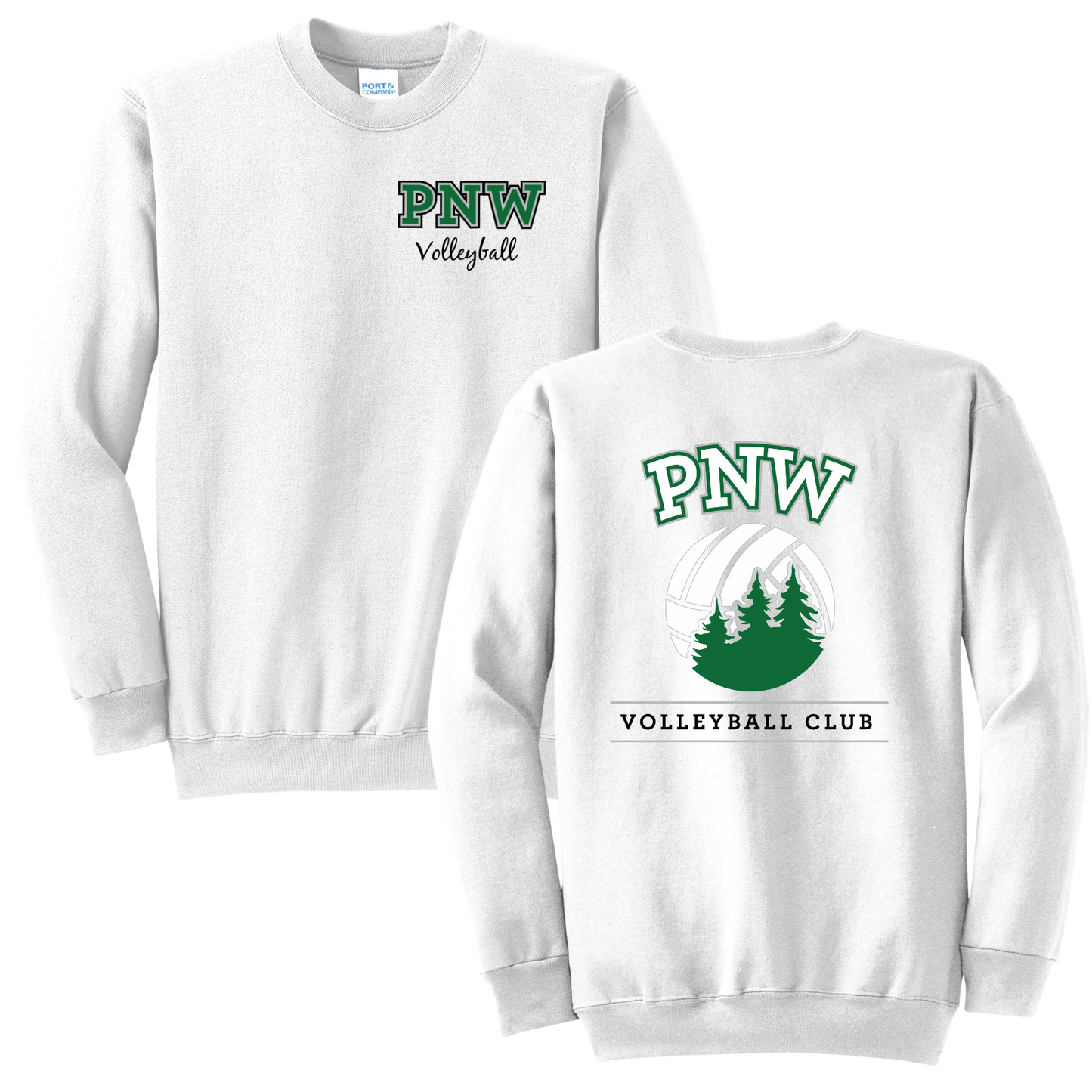 PNW Volleyball Fan Gear - Core Fleece Crewneck Sweatshirt - Front & Back Printed - White or Kelly Green