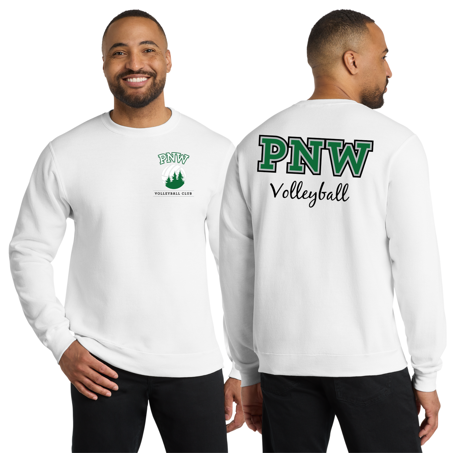 PNW Volleyball Fan Gear - Core Fleece Crewneck Sweatshirt - Front & Back Printed - White or Kelly Green
