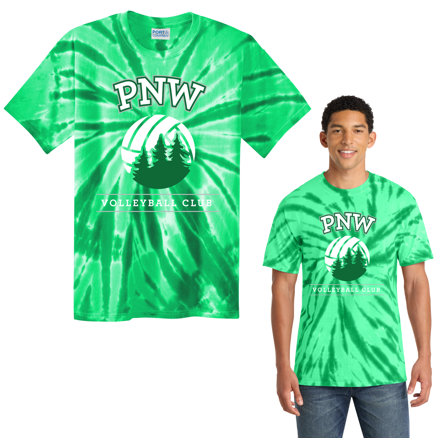 PNW Volleyball - Tie-Dye Tee - Front Printed Logo - Kelly Green
