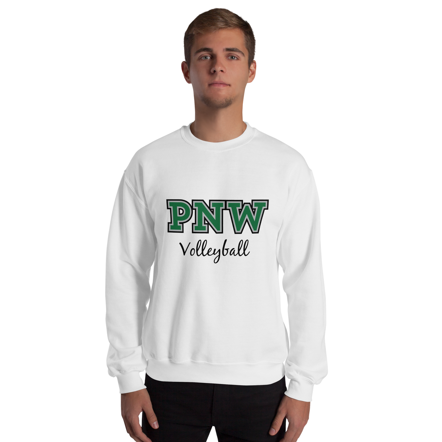 PNW Volleyball - White Unisex Fleece Raglan Crewneck Sweatshirt - Front Printed Logo