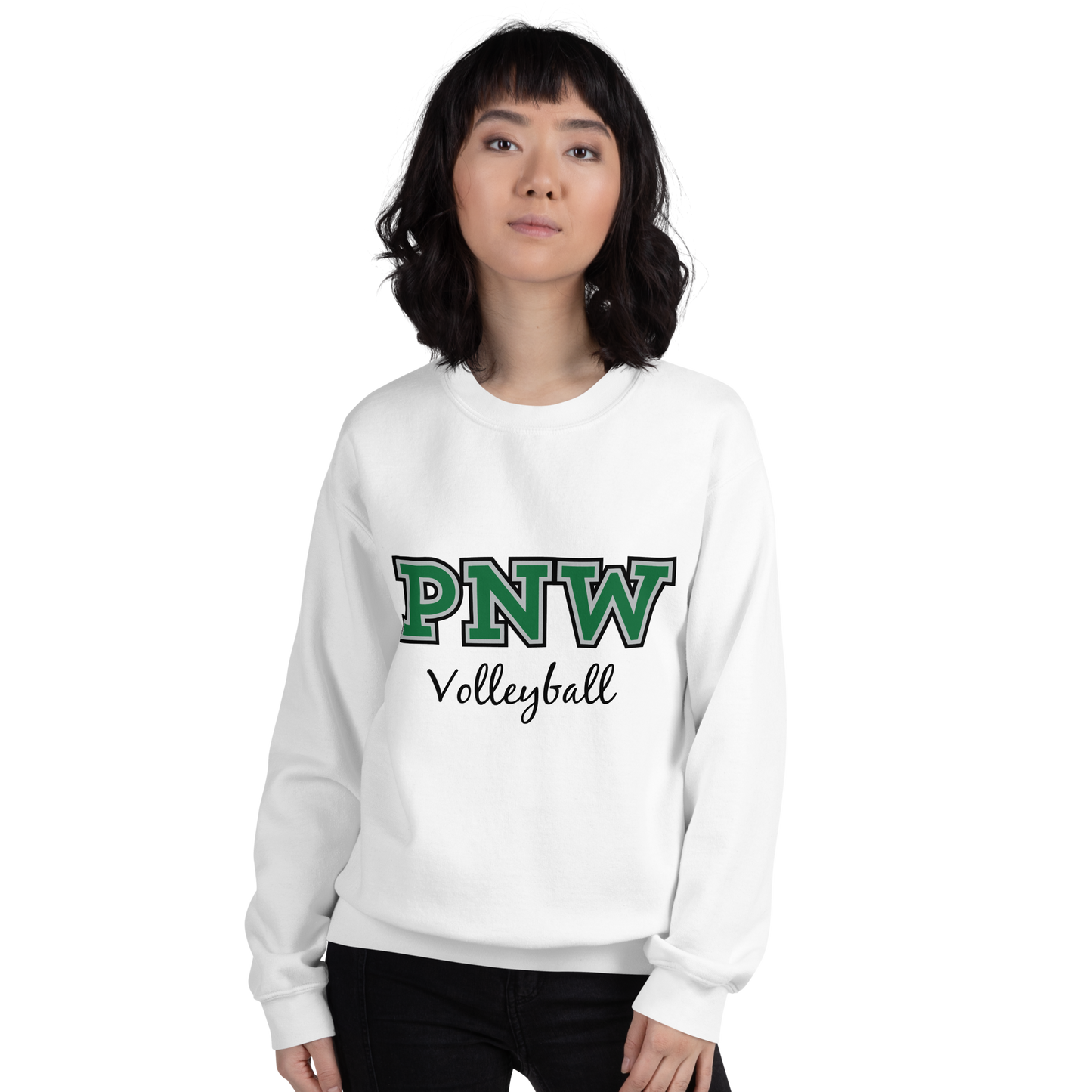 PNW Volleyball - White Unisex Fleece Raglan Crewneck Sweatshirt - Front Printed Logo