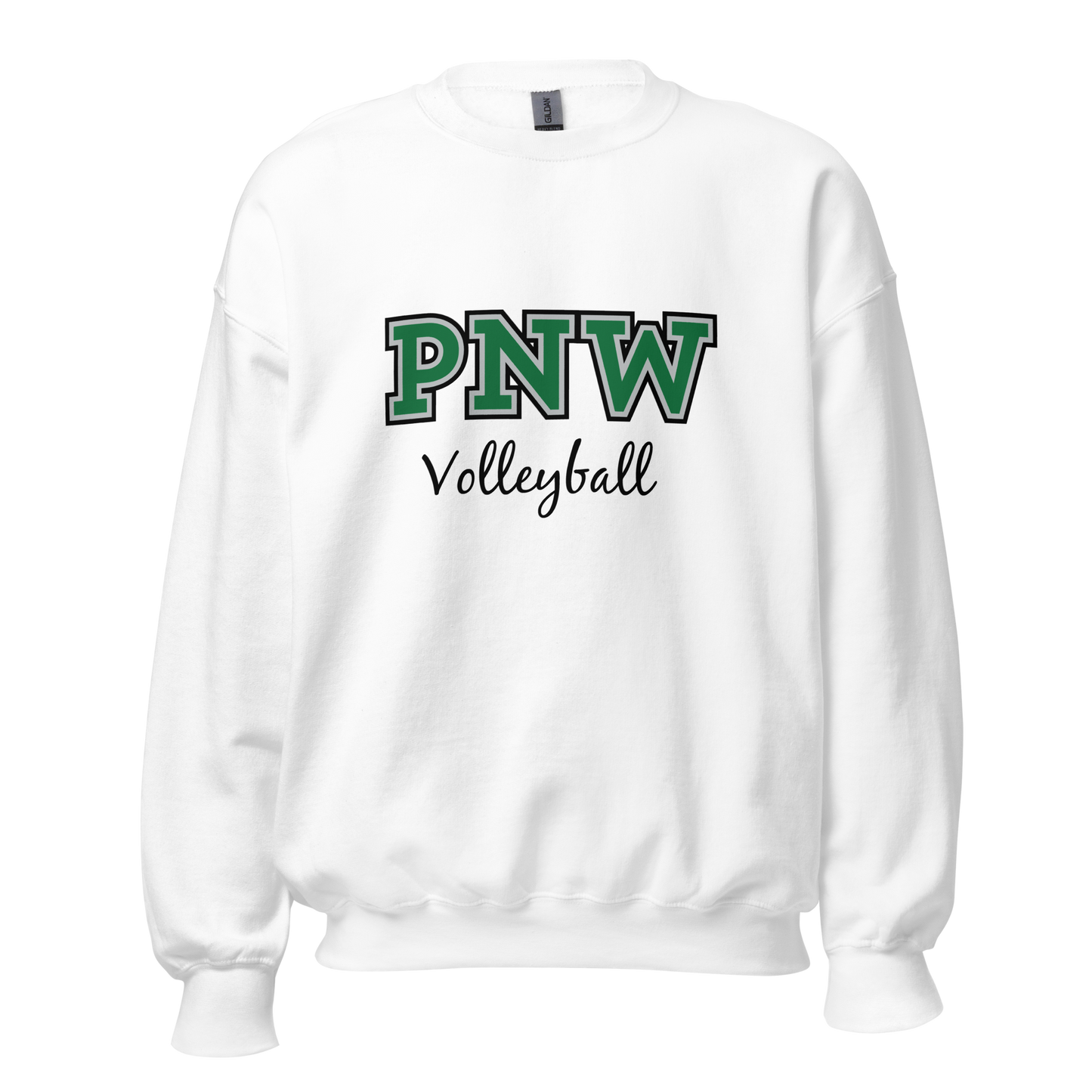 PNW Volleyball - White Unisex Fleece Raglan Crewneck Sweatshirt - Front Printed Logo