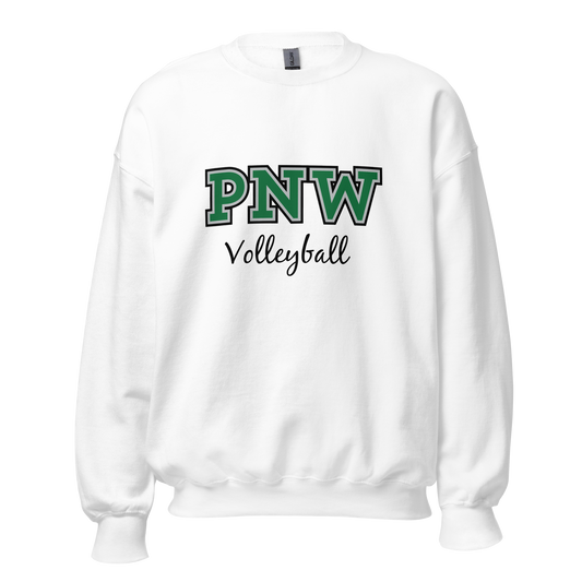 PNW Volleyball - White Unisex Fleece Raglan Crewneck Sweatshirt - Front Printed Logo