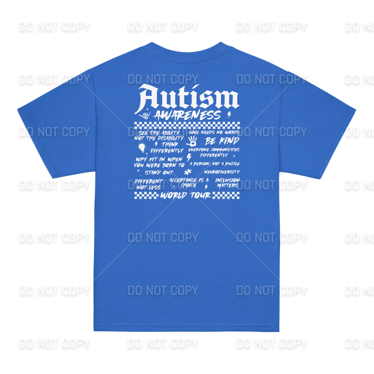 Autism Awareness - Autism World Tour T-Shirt - White Text - Front & Back Printed - Youth & Adult Sizes